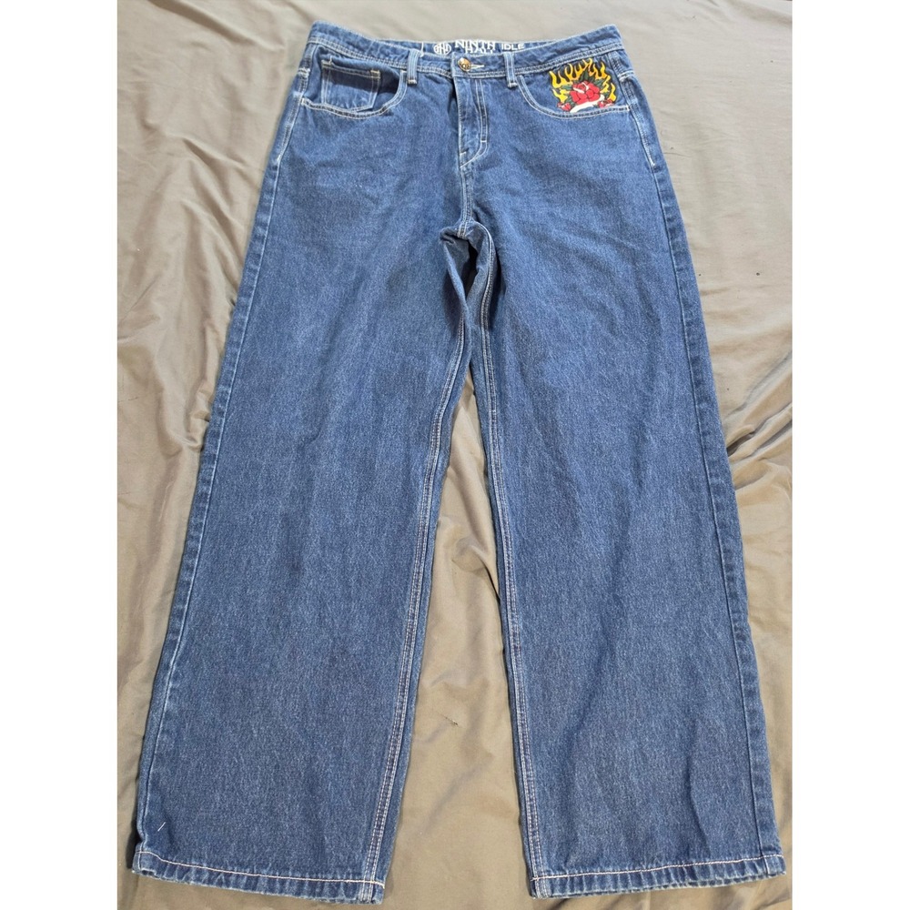 Ninth Hall Embroidered Baggy Skate Jeans Blue Medium Wash Tattoo Art Size 32